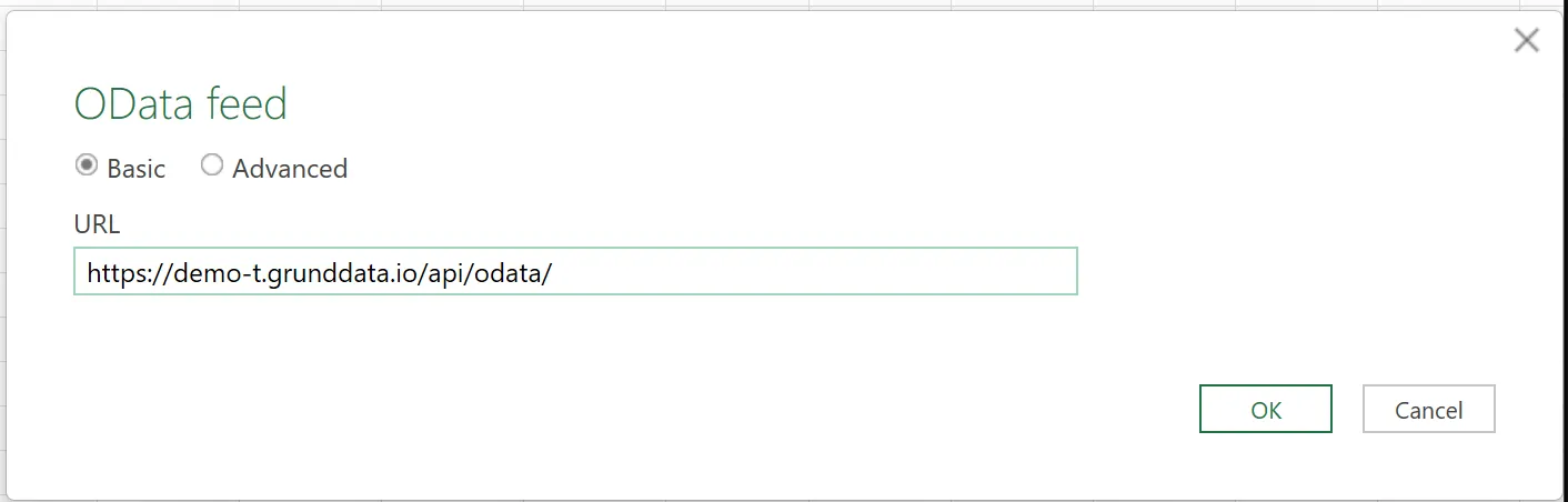 Excel OData feed dialog with the service root URL entered