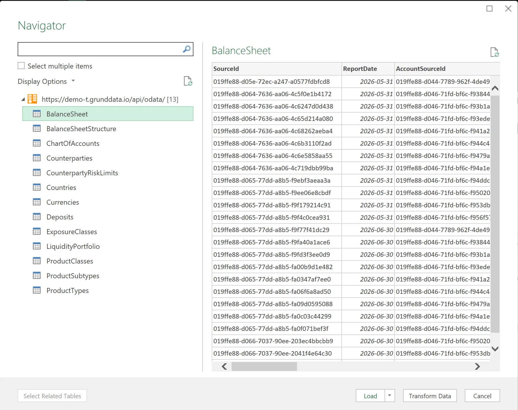 Excel Navigator showing Grunddata OData views and the Load button