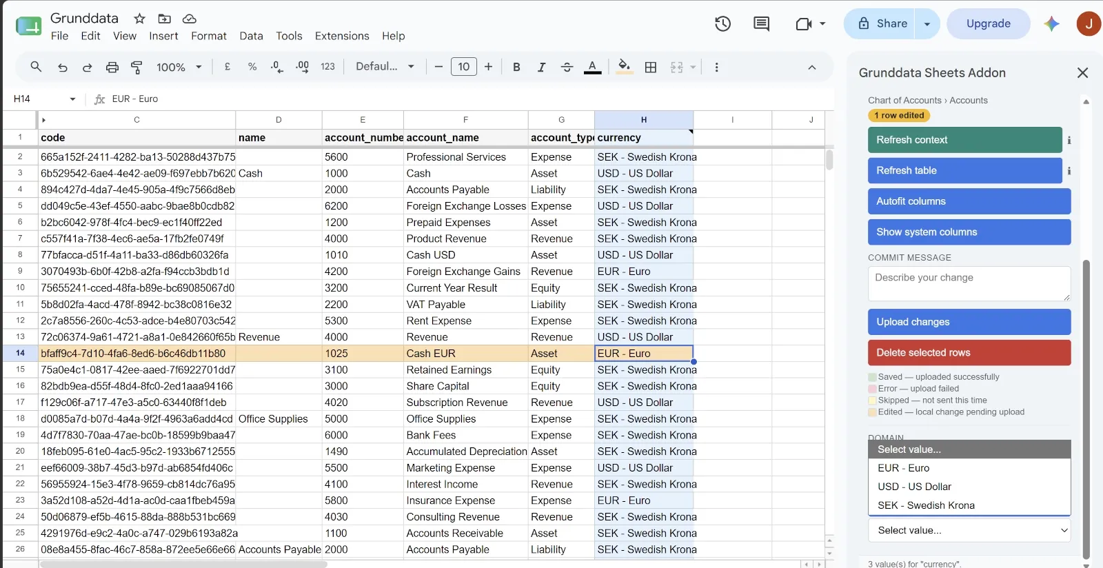 Grunddata Google Sheets add-on showing a chart of accounts table with validation and upload controls