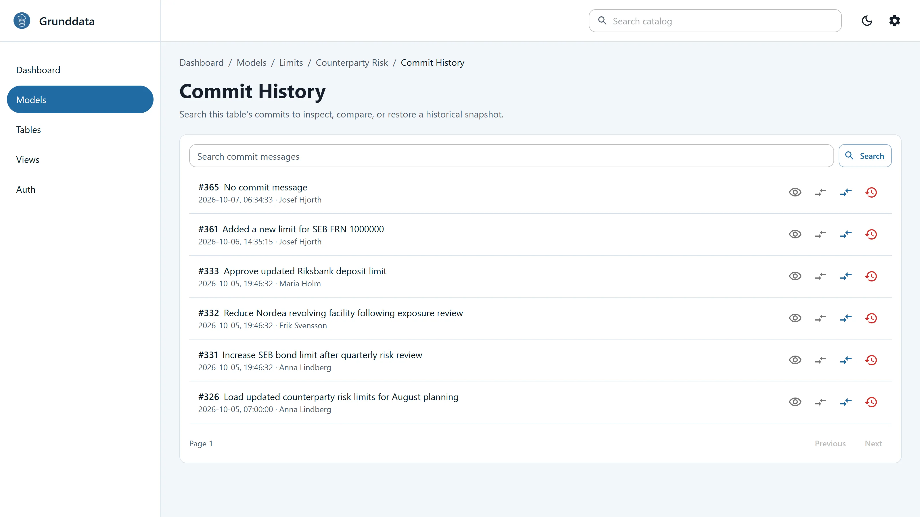 Commit history for a table, with message, time and author for each change