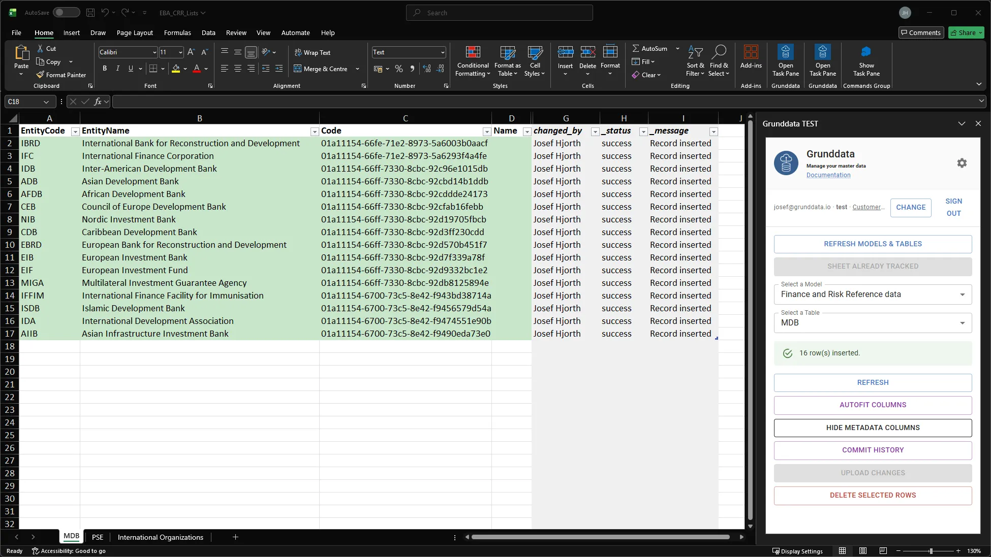 Excel add-in publishing a table to Grunddata, with who changed each row